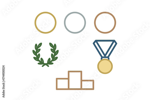 Gold silver bronze medal award icons with podium and laurel wreath