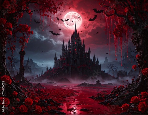 Eerie Gothic Castle Under Blood Moon, Surrounded by Red Roses and Bats