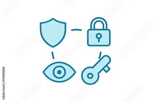 Security concept icons featuring shield lock eye and key connection elements