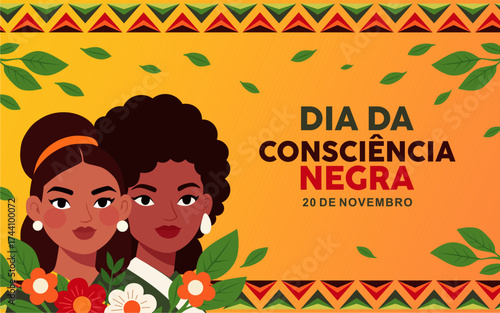 Dia da Consciencia Negra banner with couple. Translation Black Awareness Day. Dia da Consciencia Negra illustration in flat design. Great for posters, banners, cards and social media.