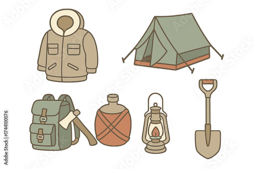 Essential icons for winter camping and outdoor adventure gear collection