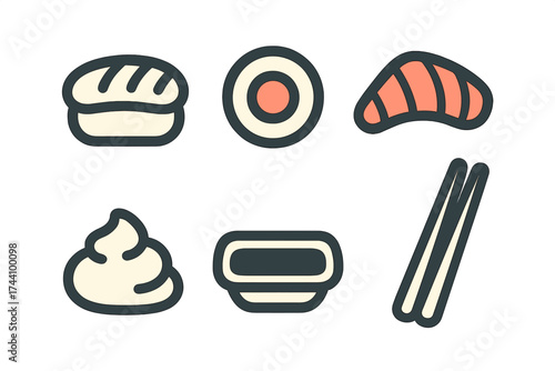 Stylized sushi and Japanese food icons featuring a thick outline design