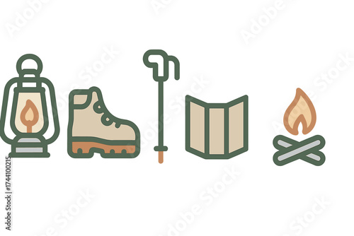 Essential outdoor adventure icons set featuring lantern boot pole map and campfire