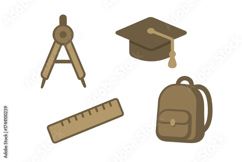 Set of academic and drafting tools icons: compass, ruler, graduation cap, and backpack