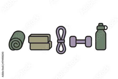 Set of five simple icons for fitness and yoga gear including mat, blocks, and dumbbell
