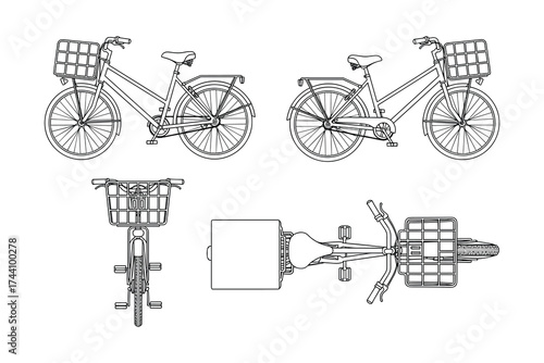Delivery Bicycle Wireframe Multiple Views Set