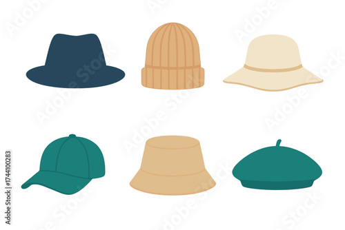 Six assorted headwear styles including fedora cap beanie bucket hat and beret