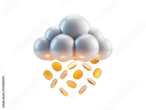 Shiny 3D cloud icon raining golden currency coins, representing financial success, investment, and digital wealth isolated on transparent background