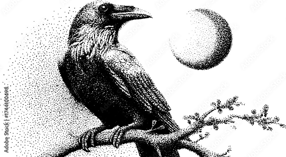 Fototapeta premium Detailed dotwork stippling illustration of a raven perched on a branch with moon in the background