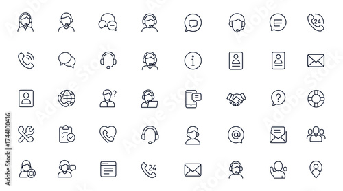 Customer service line icons set for support center, communication, online chat, call operators, reception staff, inquiries, client contact, website, app, FAQ, and more, vector illustration