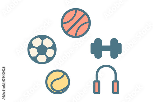 Stylized icons representing various sports and fitness equipment