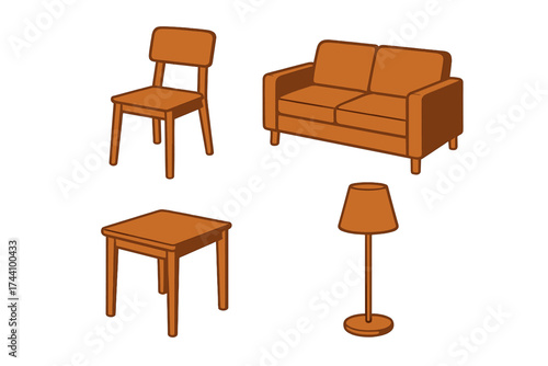 Isometric set of wooden furniture including chair sofa table and floor lamp
