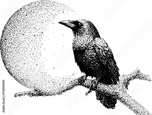 Intricate dotwork stippling illustration of a raven perched on a branch with moon in background for art prints