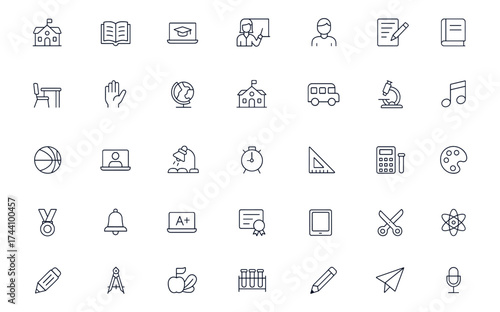 School and education icons set with editable vector illustrations of study, learning, training, teachers, students, exams, classroom, stationery, art, music, sports, chemistry, graduation, and more
