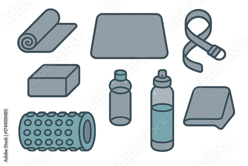 Fitness and yoga equipment icons featuring mats blocks roller and water bottles