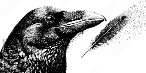Intricate raven with feather in stipple dotwork for artistic print design
