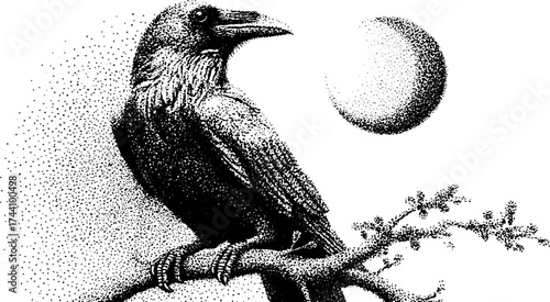 Detailed dotwork stippling illustration of a raven perched on a branch with moon in the background