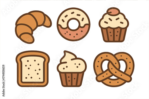 Set of stylized icons representing various baked goods like croissant donut muffin and pretzel