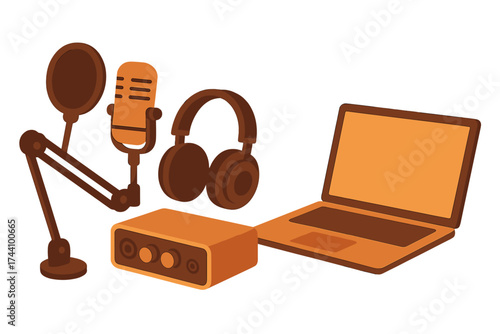 Professional audio recording equipment setup with microphone and laptop