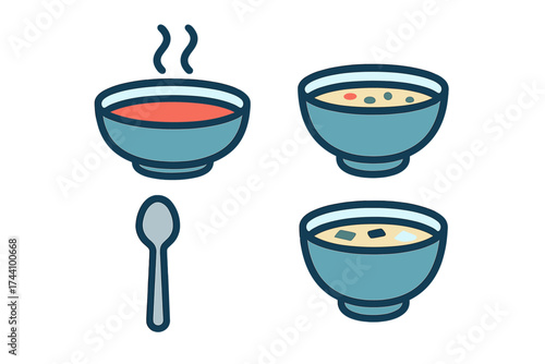 Collection of hot soup bowls and eating utensil icons