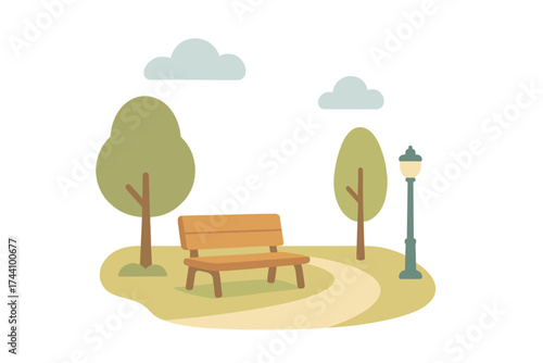 Wooden park bench on winding path with trees and lamppost
