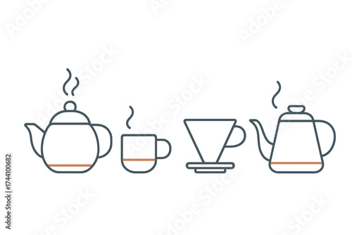 Hot beverage preparation icons with teapots, mug, and pour over coffee dripper