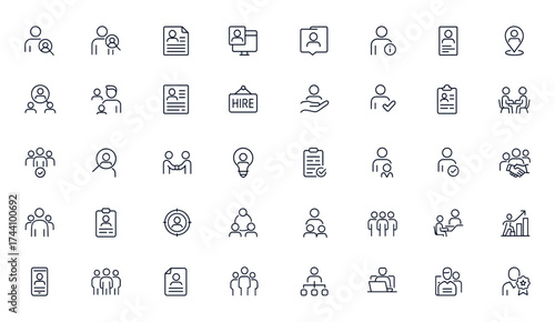 Recruitment and hiring icon set, editable vector illustration for employment, career, headhunting, teamwork, resume, interview, job search, office work, business management, human resources