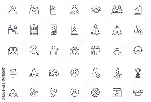 Recruitment and hiring icon set for employment, job search, interview, and career growth. Includes HR, business, manpower, handshake, resume, smartphone, teamwork, and training symbols