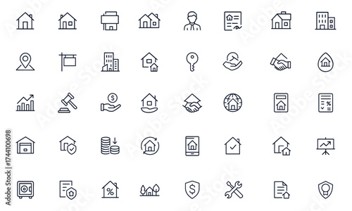 Property and real estate icons set, featuring house, condo, apartment, rental, business, contract, mortgage, loan, investment, building, handshake, broker, finance, agency, housing, ownership