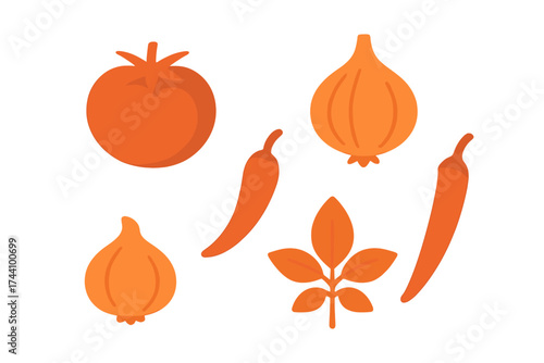 Assortment of orange harvest vegetables and leaf icons for cooking