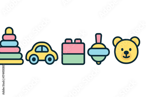 Collection of colorful simple icons representing baby and toddler playthings