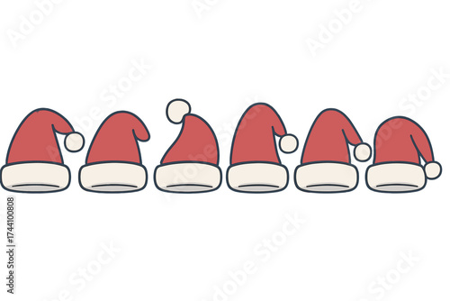 Six distinct red and white Santa hats arranged in a horizontal row