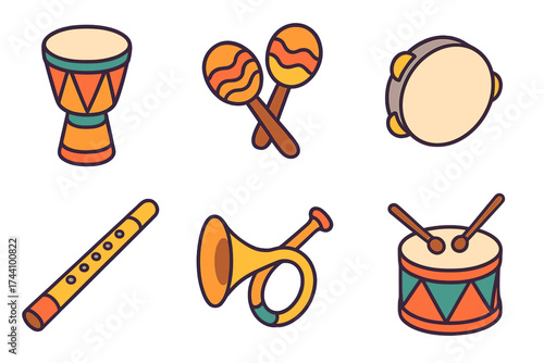 Colorful set of percussion and wind musical instrument icons