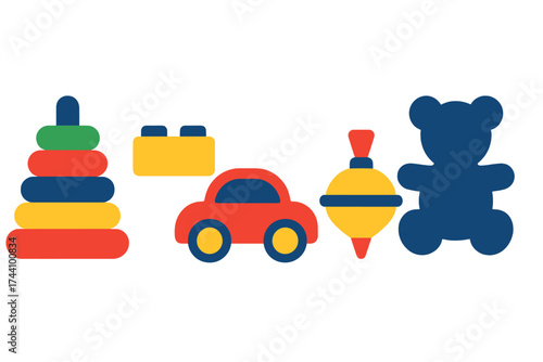 Colorful collection of classic baby and toddler playthings icons