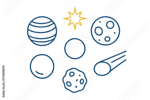 Collection of simple line icons depicting celestial bodies and various space objects