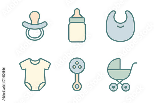 Set of essential baby care items icons including stroller and feeding accessories