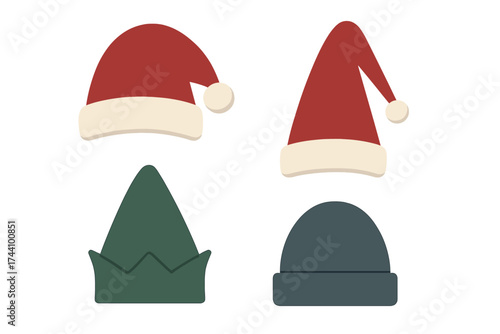 Collection of four winter and holiday headwear icons including Santa and elf hats