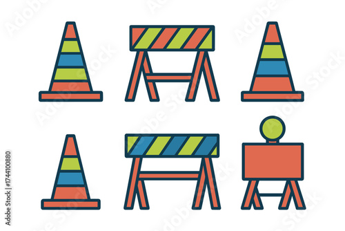 Collection of construction traffic cones and road barricades icons