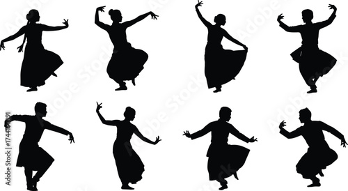 Graceful silhouettes of classical Indian dancers in traditional poses, cultural heritage, performing arts, elegance, movement, rhythm