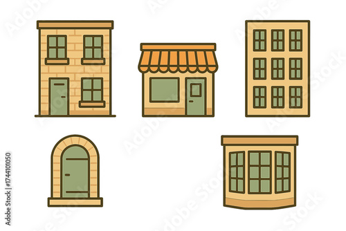 Collection of simple cartoon building facades and architectural elements