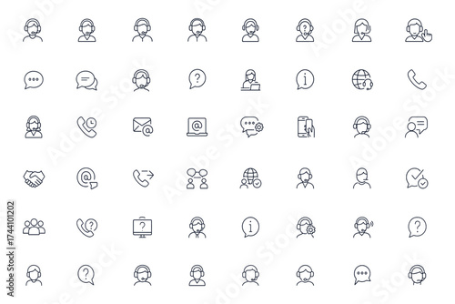 Customer support and service center line icons set, editable call operator, online chat, client communication, reception staff, mobile contact, FAQ, assistance, inquiry, business vector illustration