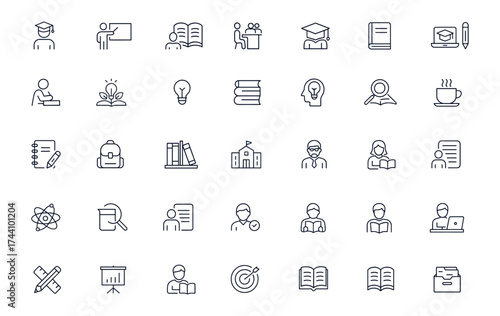 Study and education icon set with student, classroom, graduation, training, notebook, computer, reading, textbook, stationery, academic success, growth, and learning concept vector illustration