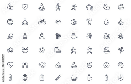 Health and wellness icons set, editable vector illustration featuring yoga, fitness, exercise, diet, massage, spa, aromatherapy, running, cycling, swimming, meditation, herbal therapy, mindfulness