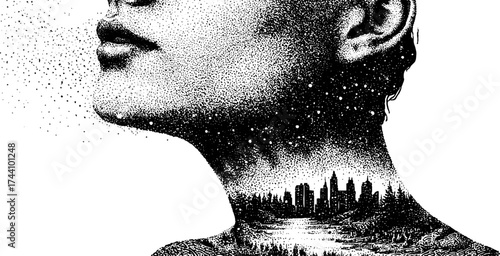 Silhouette with intricate dotwork and cityscape double exposure