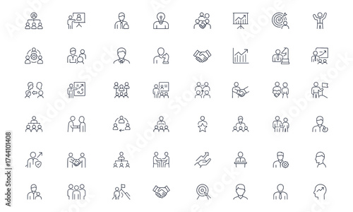 Business leadership icons set for management, teamwork, corporate planning, success, strategy, negotiation, employee growth, and cooperation, professional vector illustration, motivation, career