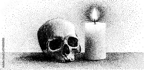 Intricate dotwork stipple art of candle and skull symbolizing reflection and mortality