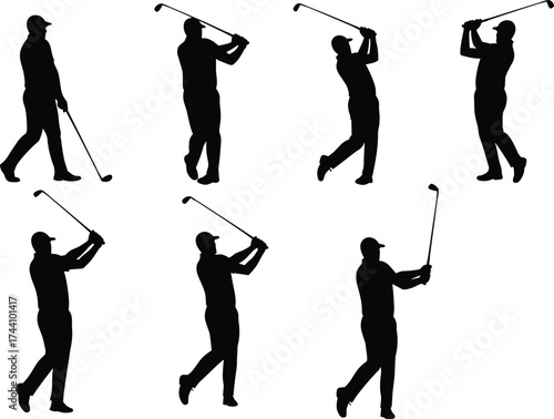 Golf player silhouettes, swing action sequence, sports illustration, golf club poses, athletic training, dynamic motion, coaching guide, competition, fitness, technique, practice, movement