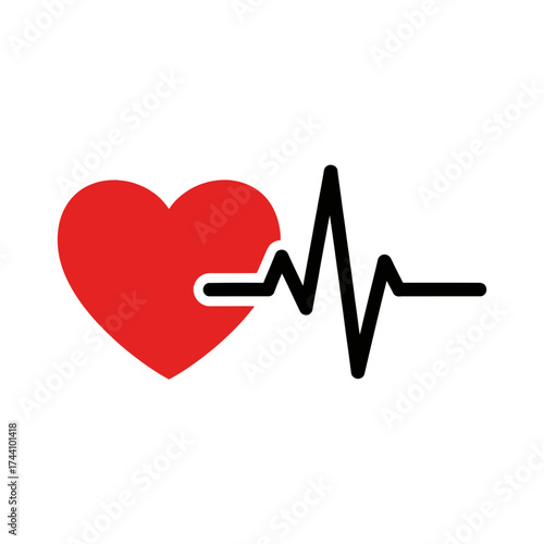 A red heart shape with a black line representing a heartbeat, medical concept.
