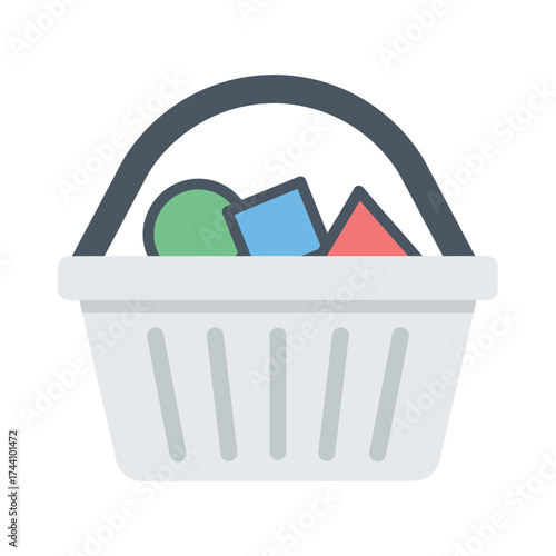 A simple, flat design icon of a white shopping basket filled with colorful geometric shapes like a circle, square, and triangle.