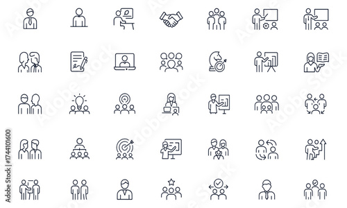 Business and meeting icon set for teamwork, corporate communication, client proposals, marketing strategy, training, telecommuting, presentations, and professional collaboration, vector illustration